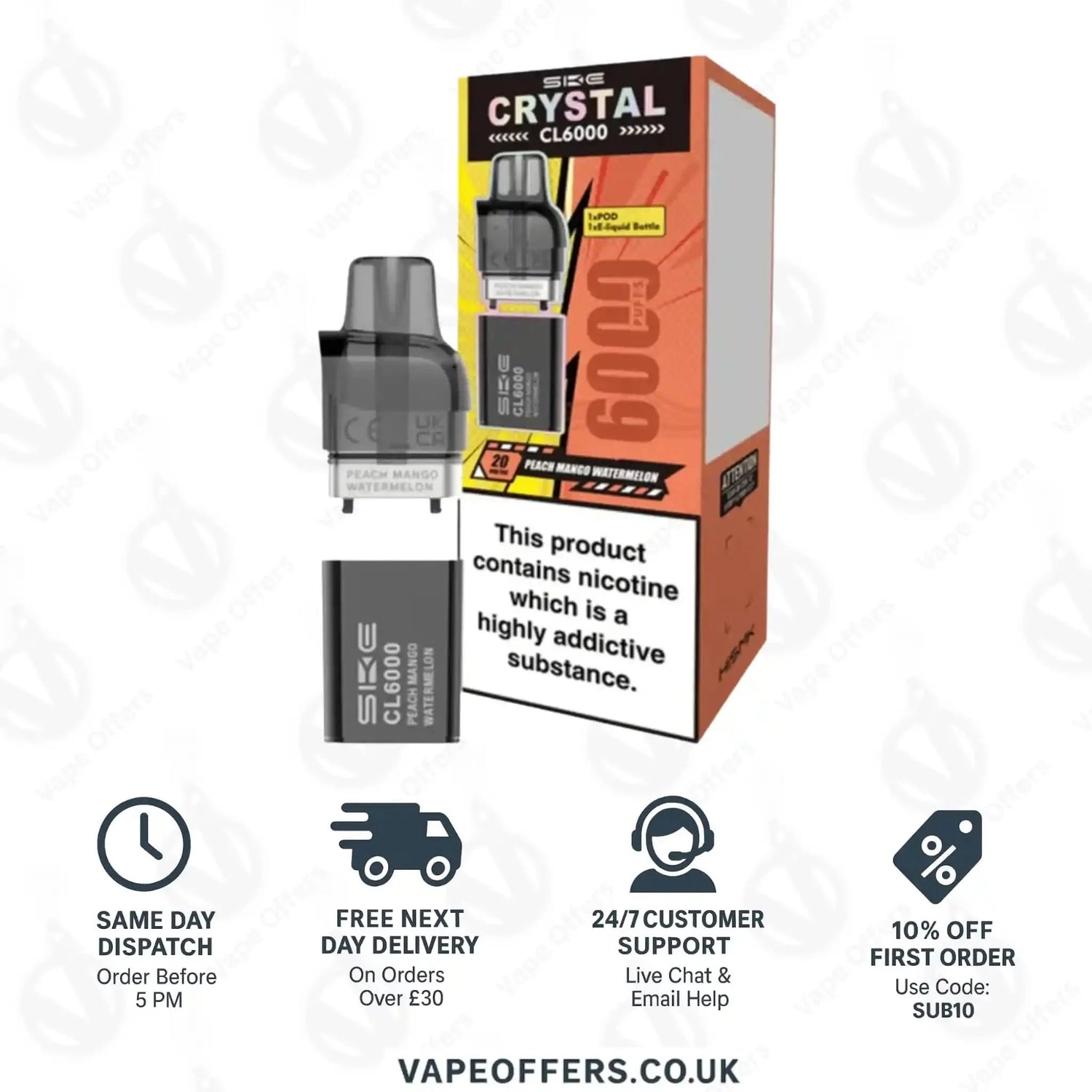 SKE Crystal CL6000 Peach Mango Watermelon Prefilled Vape Pods 