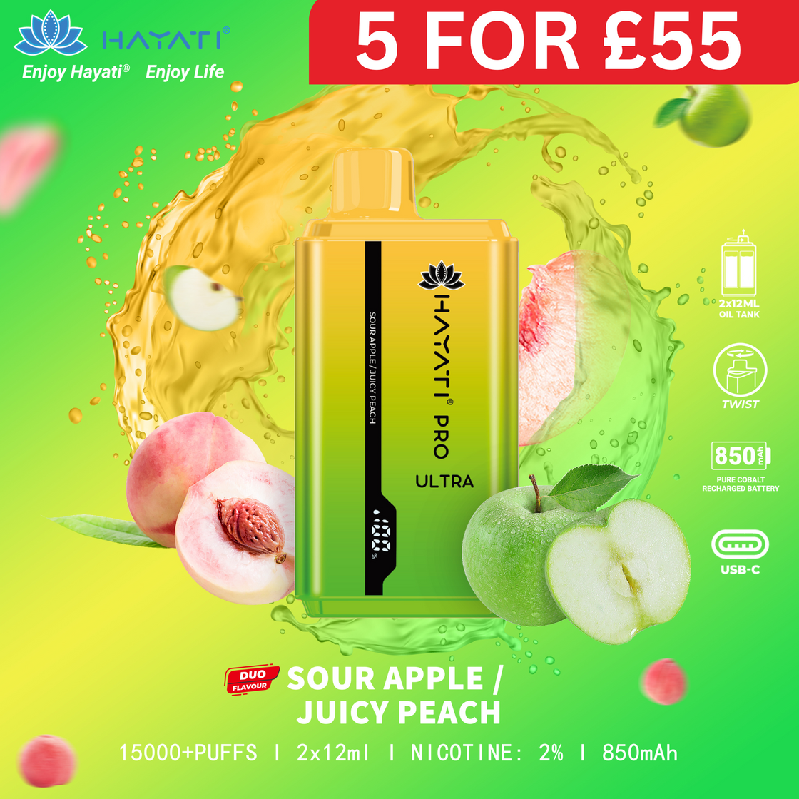 Sour Apple / Juicy Peach - Hayati Pro Ultra 15000 Puffs