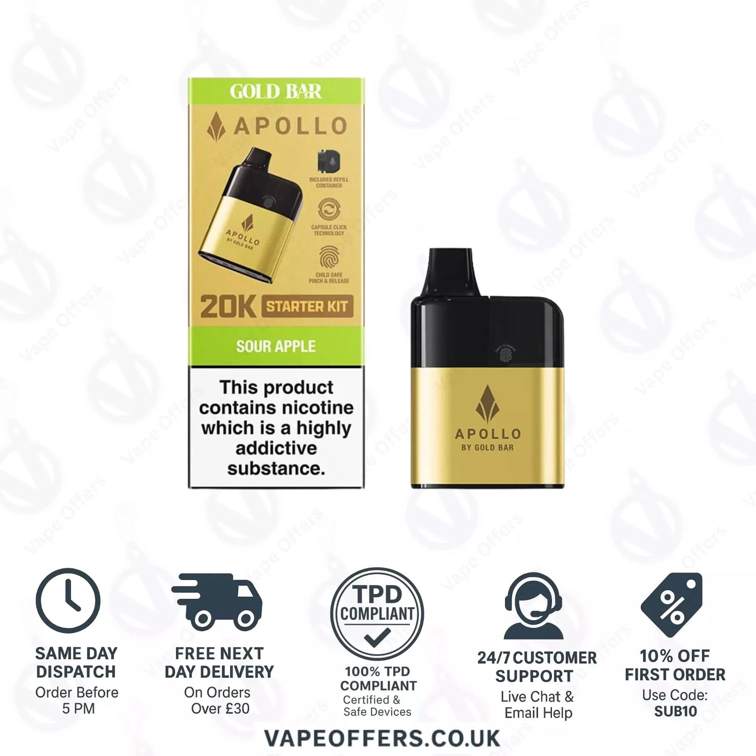 Sour Apple Gold Bar Apollo 20K Puffs Pod Vape Kit 