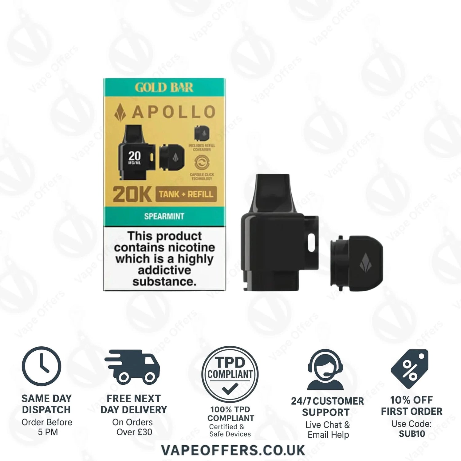 Spearmint Ice Gold Bar Apollo 20K Puffs Vape Pods 