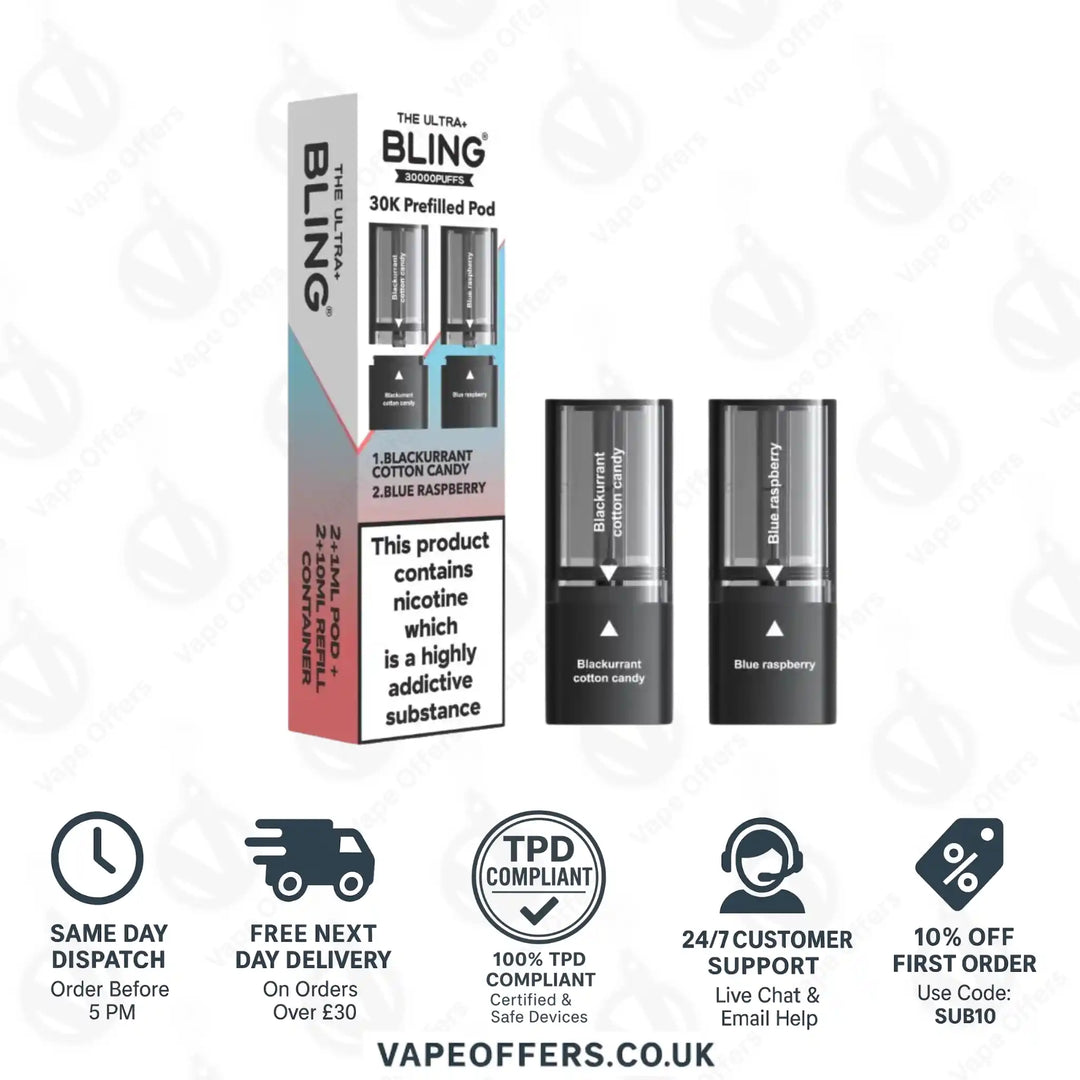 The Crystal Bling Ultra Plus 30k Prefilled Pods Blackcurrant Cotton Candy & Blue Raspberry