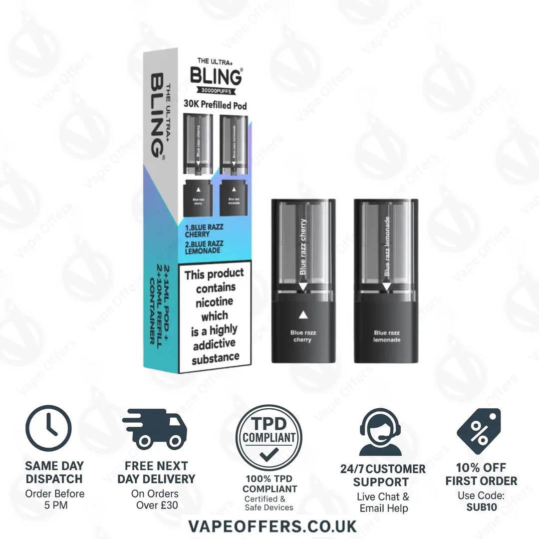 The Crystal Bling Ultra Plus 30k Prefilled Pods Blue Razz Cherry & Blue Razz Lemonade
