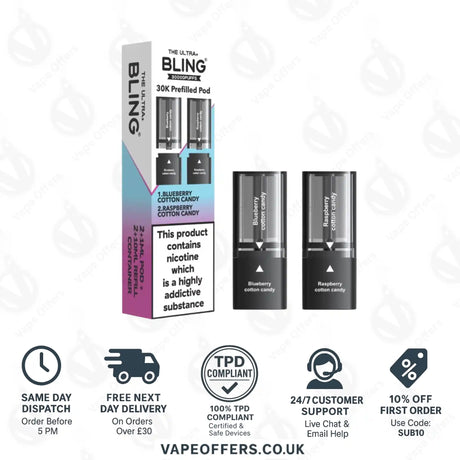 The Crystal Bling Ultra Plus 30k Prefilled Pods Blueberry Cotton Candy & Raspberry Cotton Candy