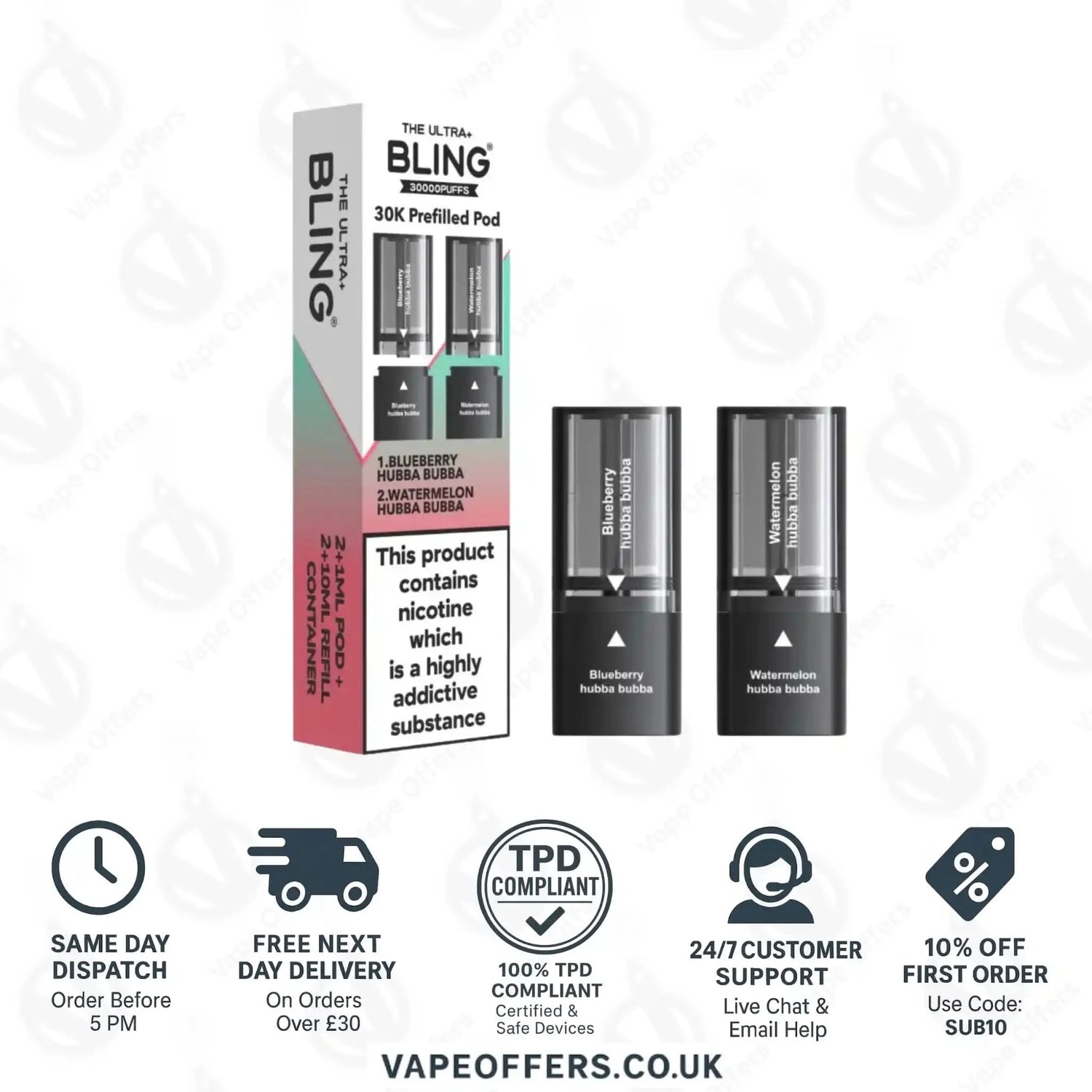 The Crystal Bling Ultra Plus 30k Prefilled Pods Blueberry Hubba Bubba & Watermelon Hubba Bubba 