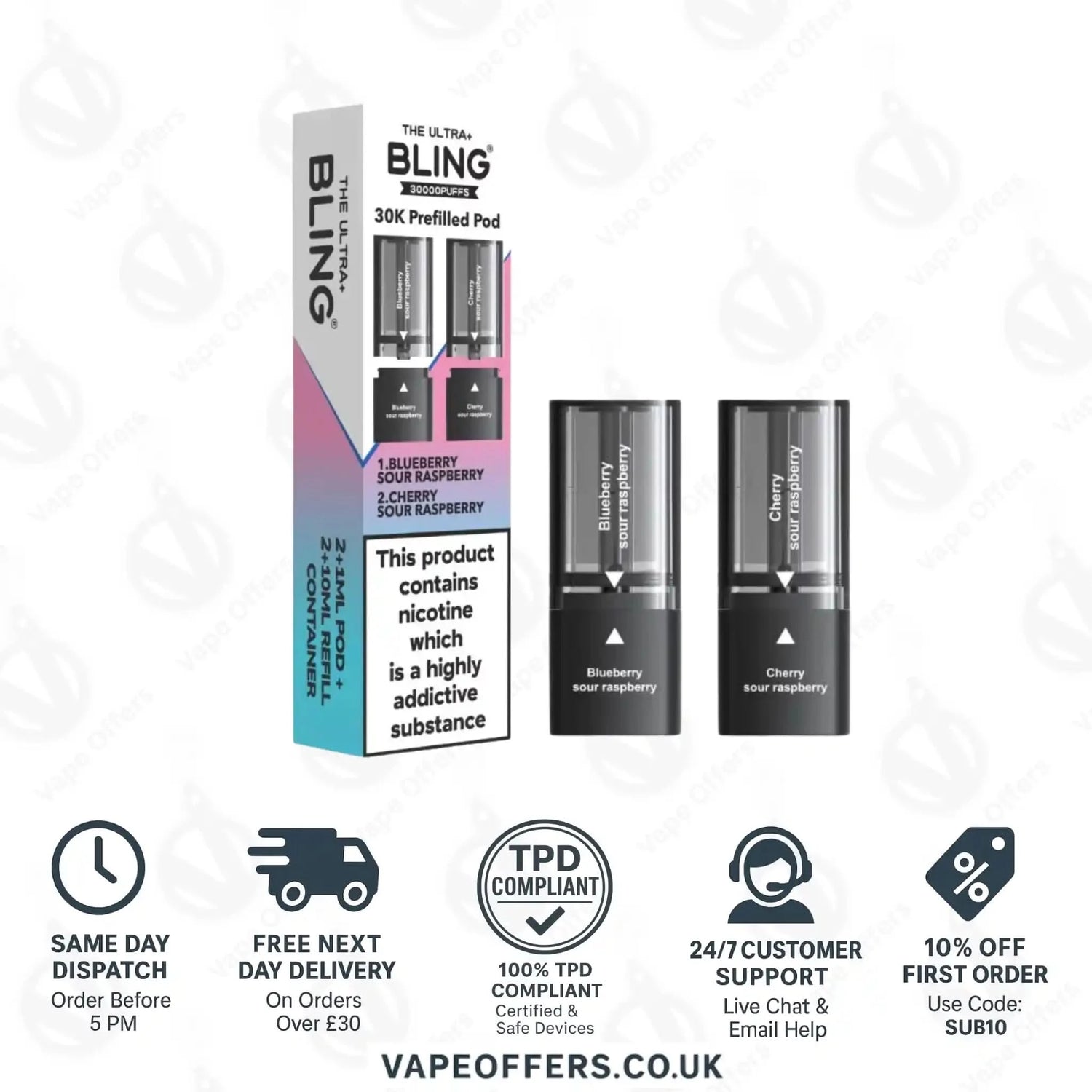 The Crystal Bling Ultra Plus 30k Prefilled Pods Blueberry Sour Raspberry & Cherry Sour Raspberry 