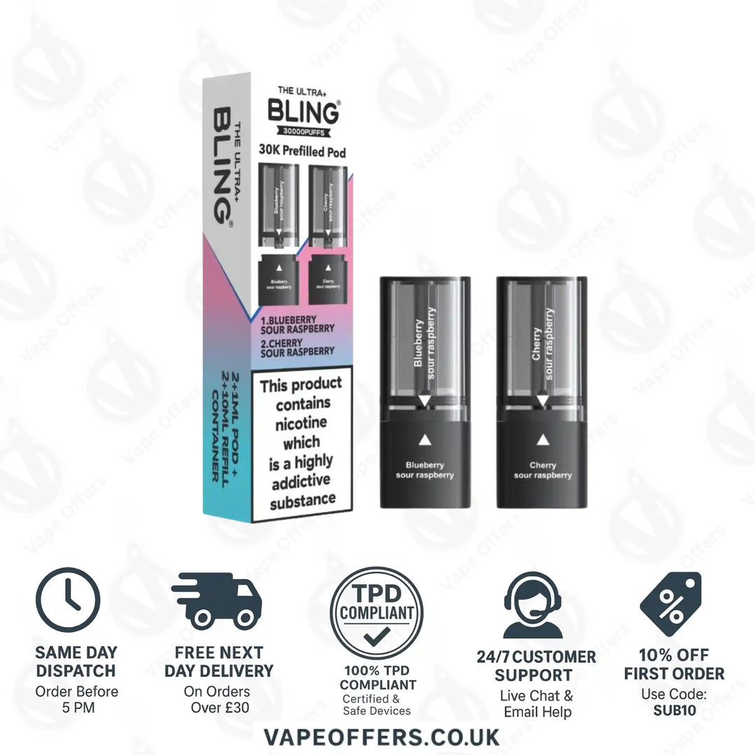 The Crystal Bling Ultra Plus 30k Prefilled Pods Blueberry Sour Raspberry & Cherry Sour Raspberry