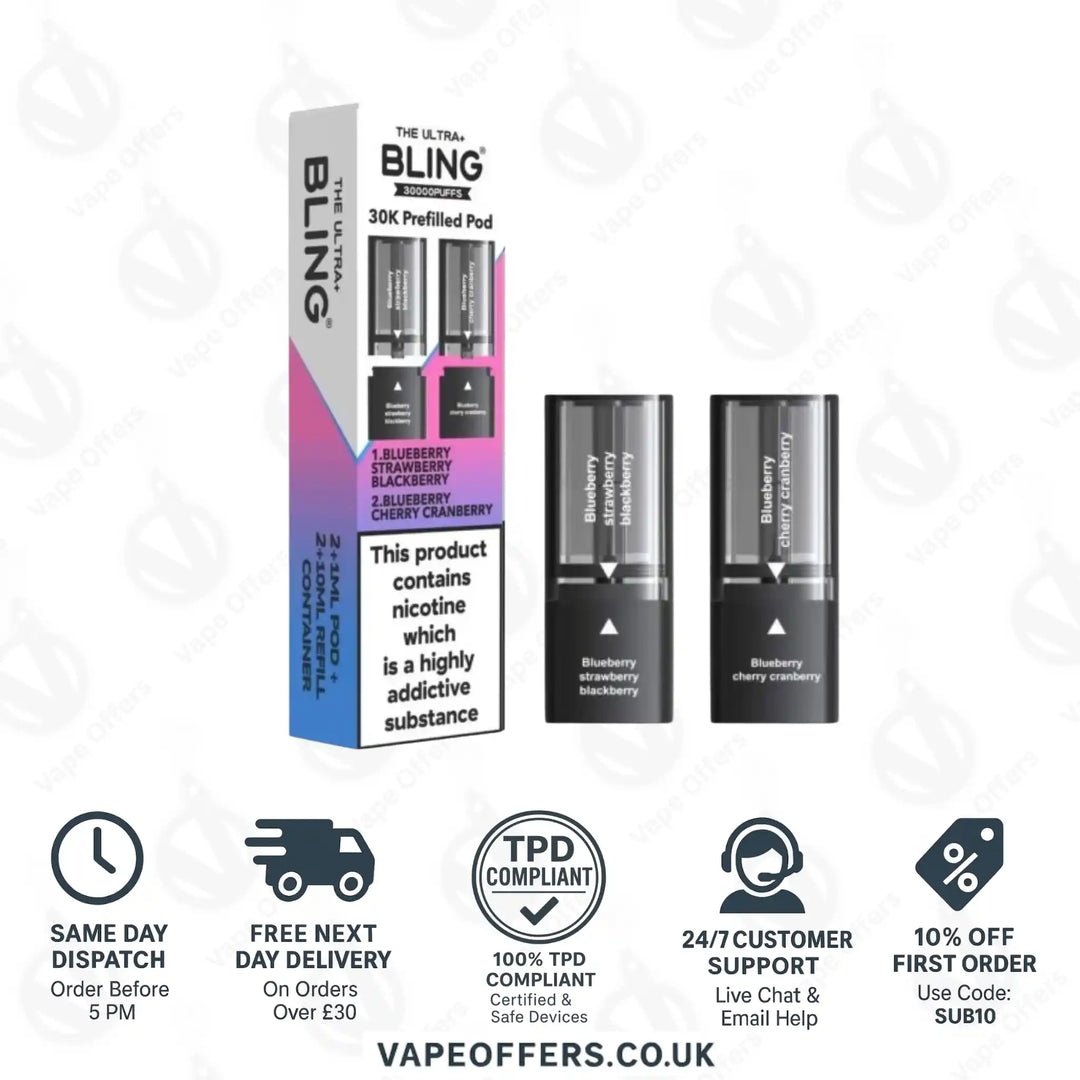 The Crystal Bling Ultra Plus 30k Prefilled Pods Blueberry Strawberry Blackberry & Blueberry Cherry Cranberry
