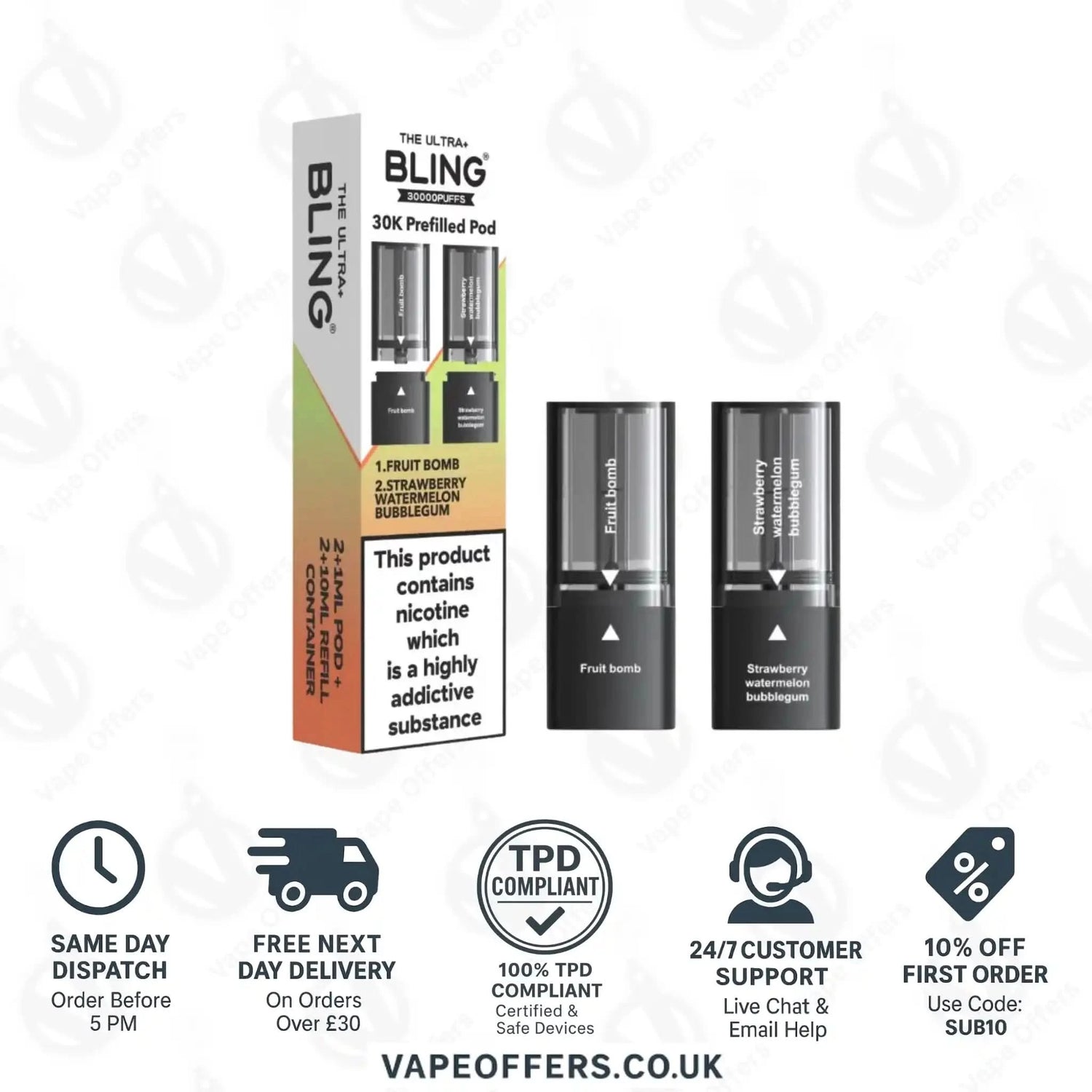 The Crystal Bling Ultra Plus 30k Prefilled Pods Fruit Bomb & Strawberry Watermelon Bubblegum 