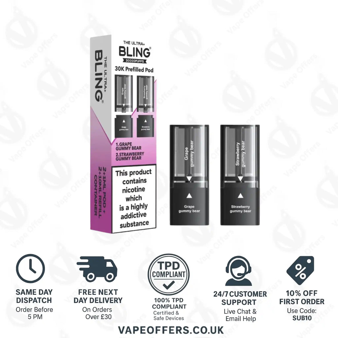 The Crystal Bling Ultra Plus 30k Prefilled Pods Grape Gummy Bear & Strawberry Gummy Bear
