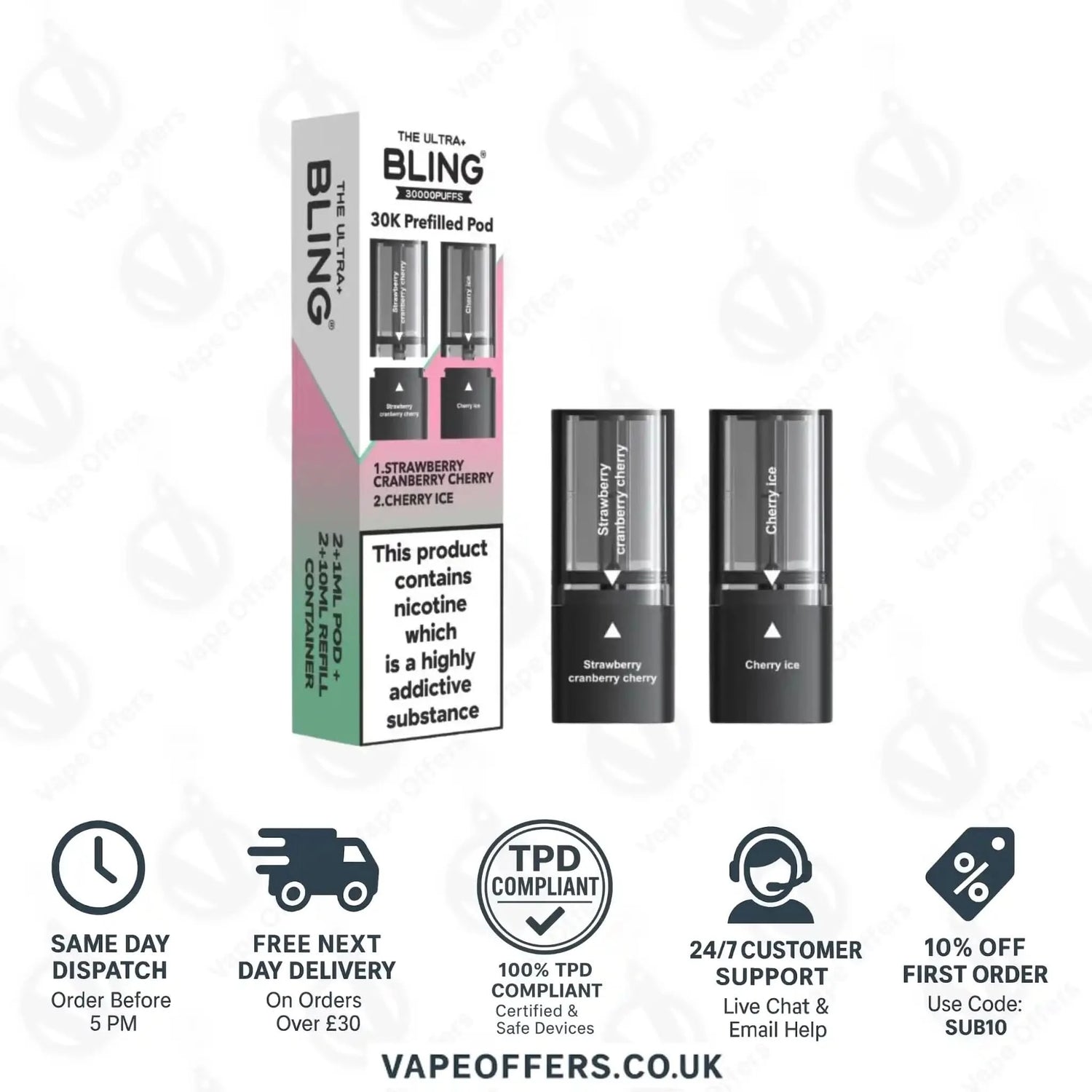 The Crystal Bling Ultra Plus 30k Prefilled Pods Strawberry Cranberry Cherry & Cherry Ice 