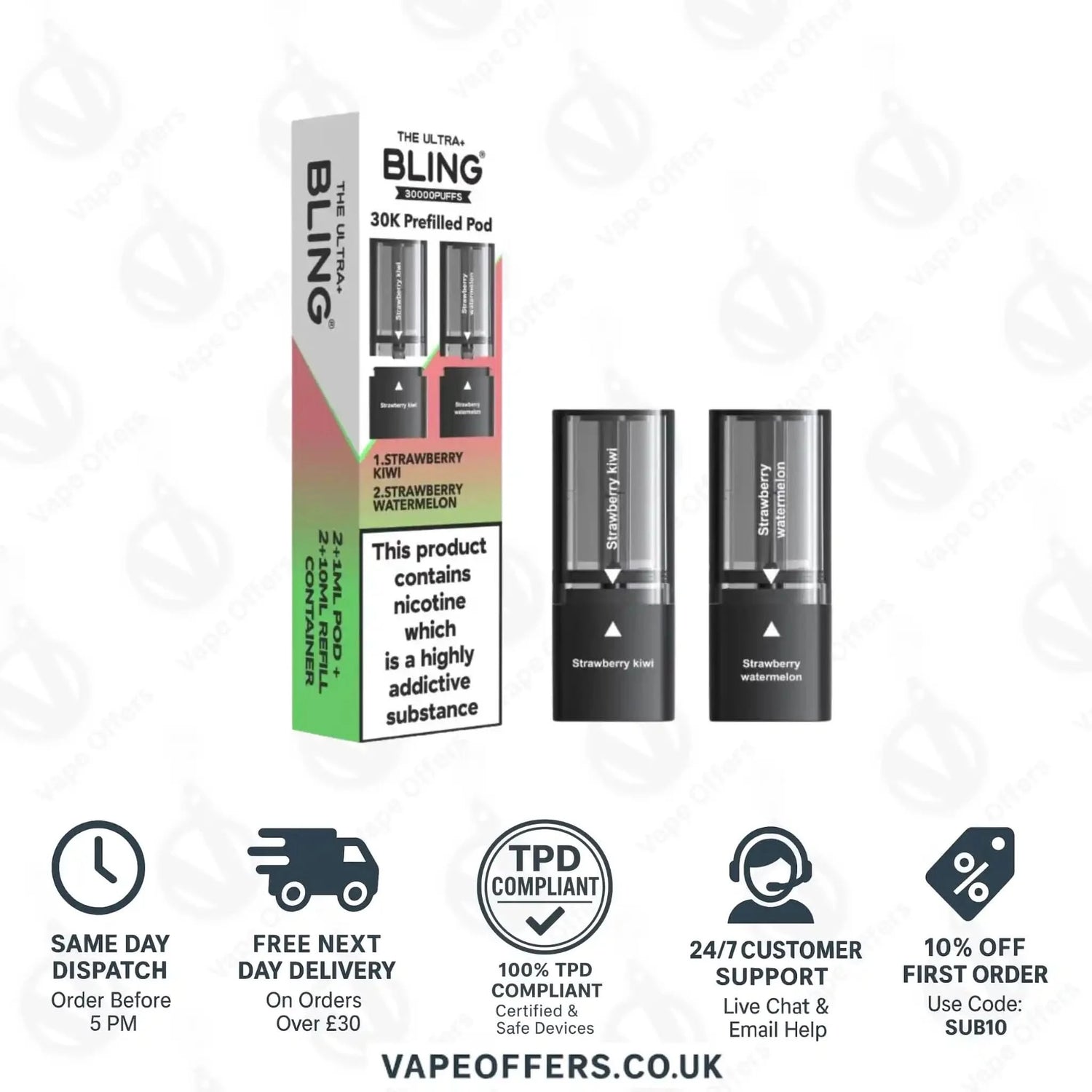 The Crystal Bling Ultra Plus 30k Prefilled Pods Strawberry Kiwi & Strawberry Watermelon 