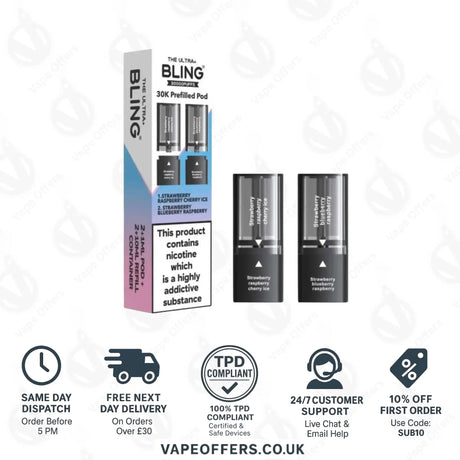 The Crystal Bling Ultra Plus 30k Prefilled Pods Strawberry Raspberry Cherry Ice & Strawberry Blueberry Raspberry