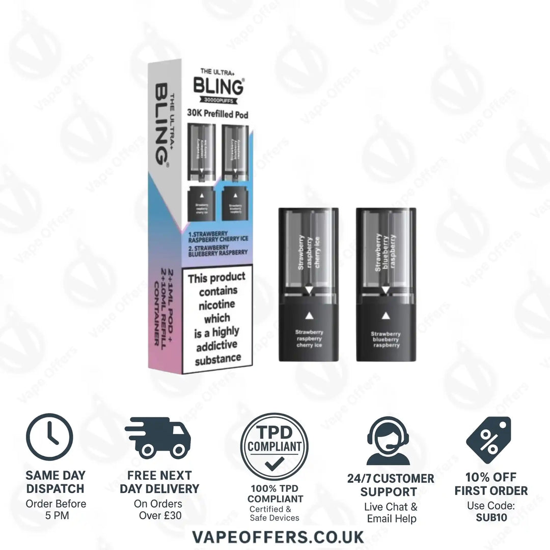The Crystal Bling Ultra Plus 30k Prefilled Pods Strawberry Raspberry Cherry Ice & Strawberry Blueberry Raspberry