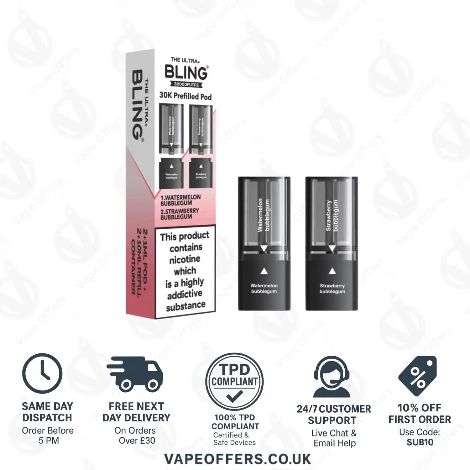 The Crystal Bling Ultra Plus 30k Prefilled Pods Watermelon Bubblegum & Strawberry Bubblegum 