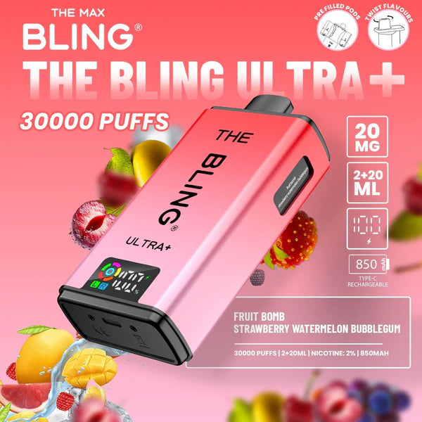 ⁠The Crystal Bling Ultra Plus 30k Prefilled Vape Kit - Fruit Bomb / Strawberry Watermelon Bubblegum 