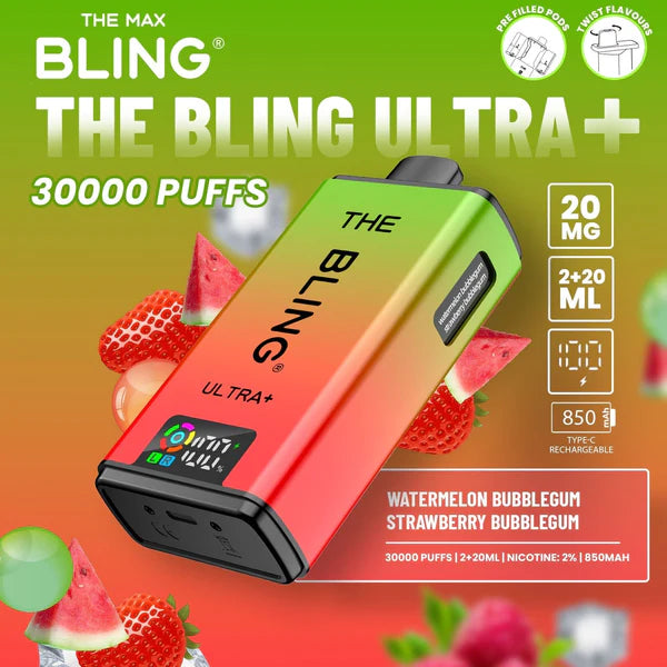 ⁠The Crystal Bling Ultra Plus 30k Prefilled Vape Kit - Watermelon Bubblegum / Strawberry Bubble Gum 