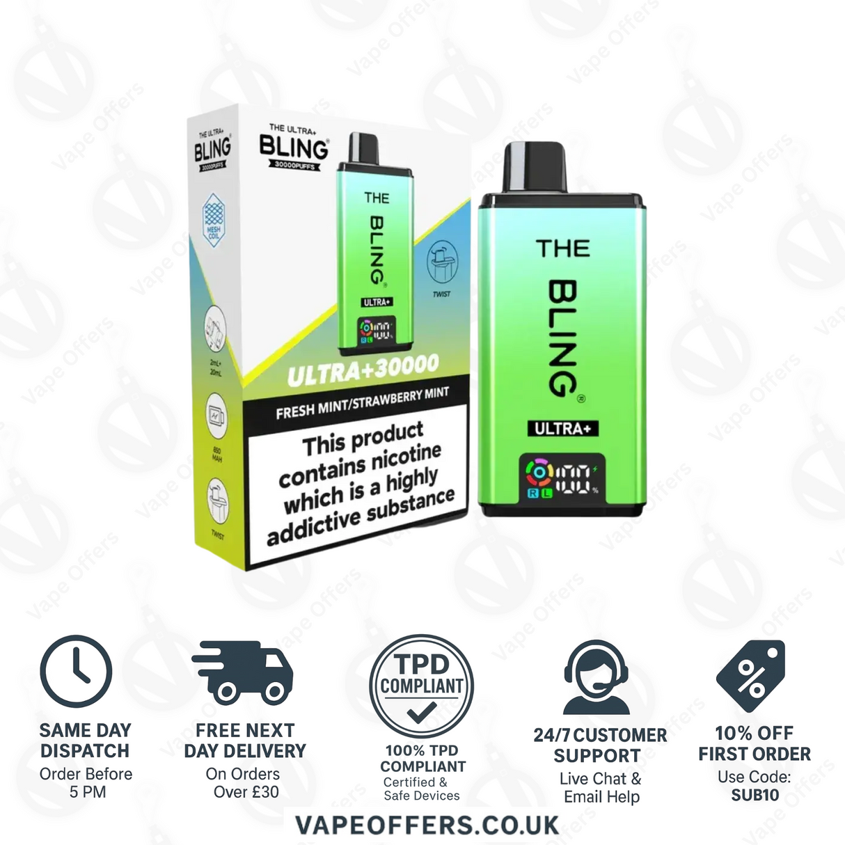 The Crystal Bling Ultra Plus 30k Prefilled Vape Kit Fresh Mint & Strawberry Mint