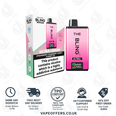 The Crystal Bling Ultra Plus 30k Prefilled Vape Kit Strawberry Cranberry Cherry & Cherry Ice