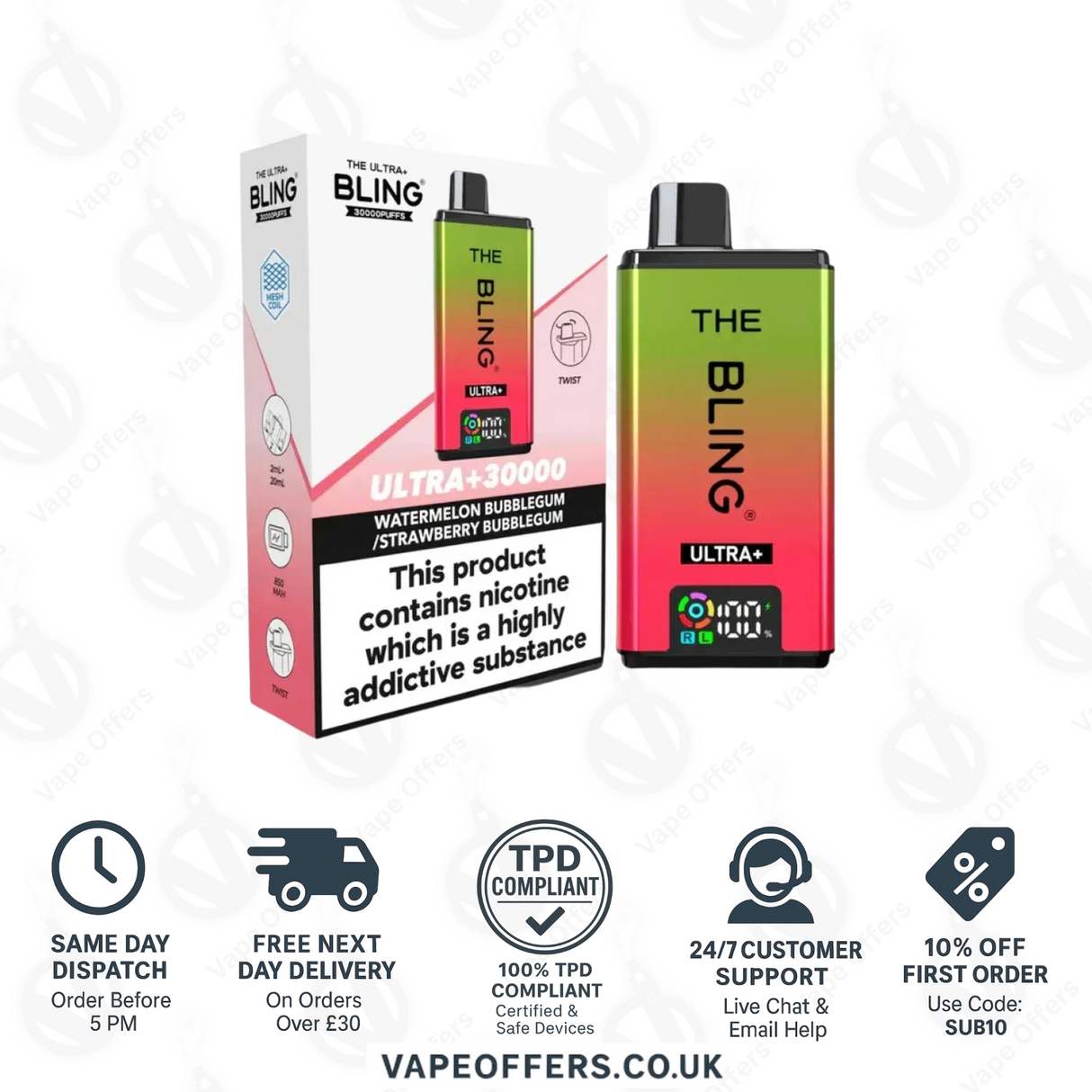 The Crystal Bling Ultra Plus 30k Prefilled Vape Kit Watermelon Bubblegum & Strawberry Bubblegum