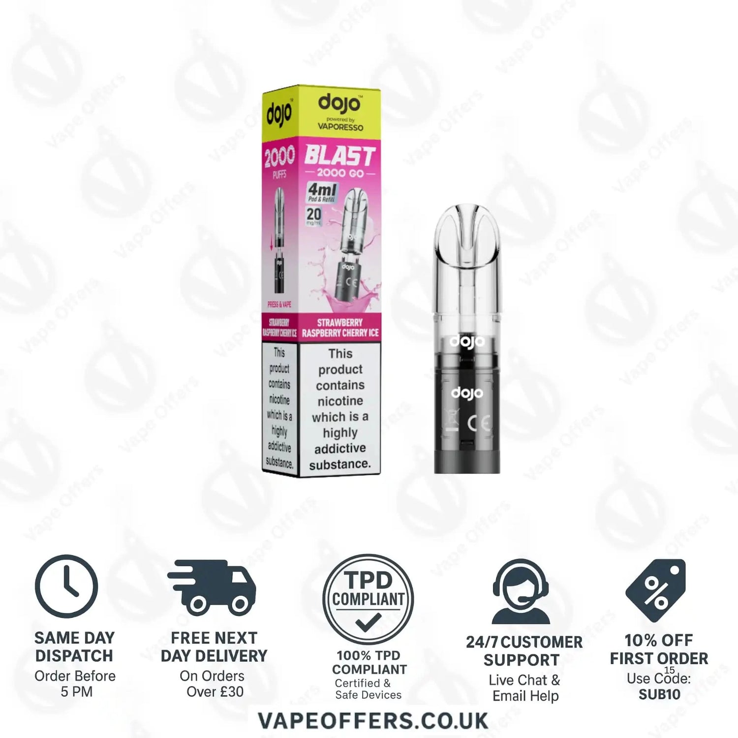 Vaporesso Dojo Blast 2K Go Prefilled Pod Strawberry Raspberry Cherry Ice 