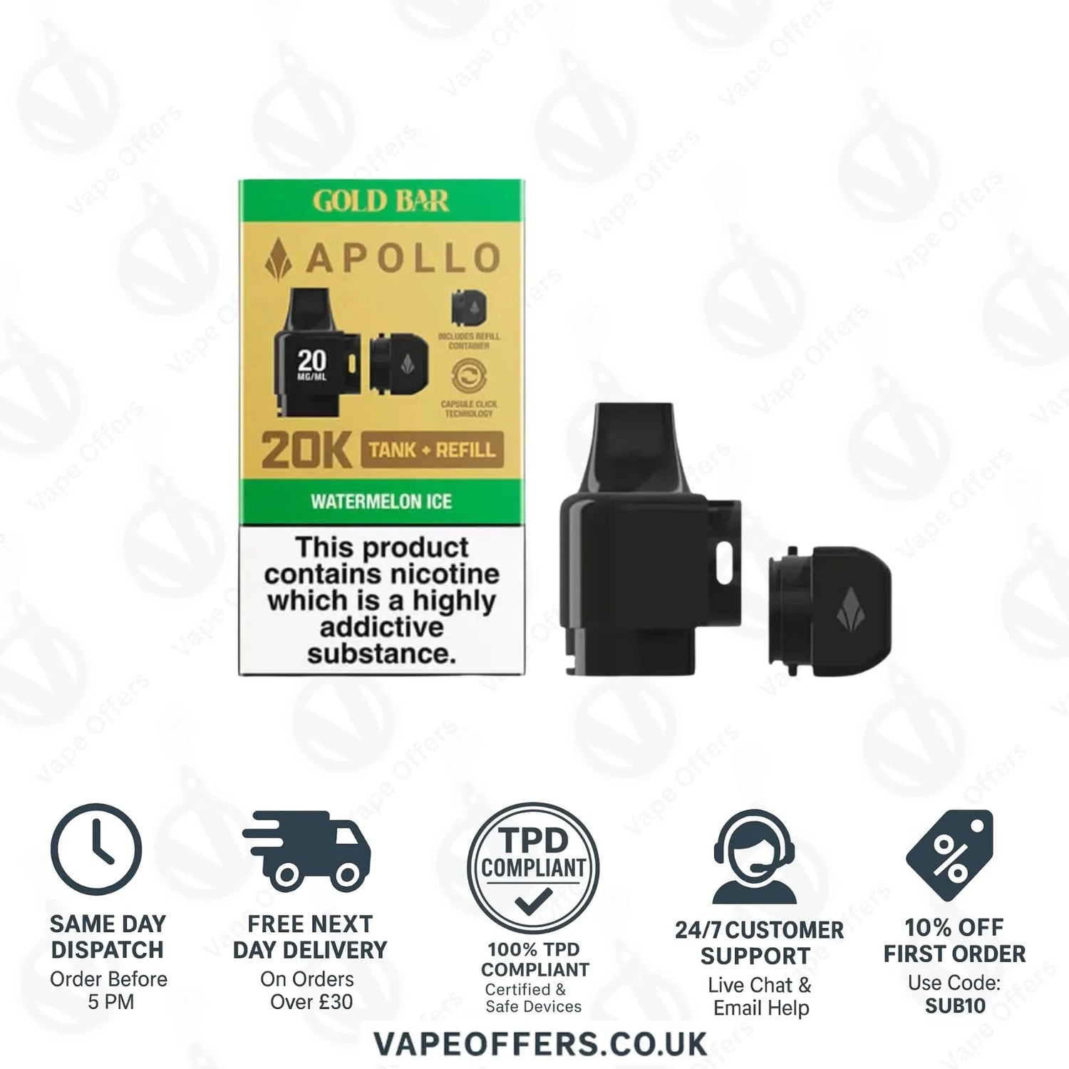 Watermelon Ice Gold Bar Apollo 20K Puffs Vape Pods 