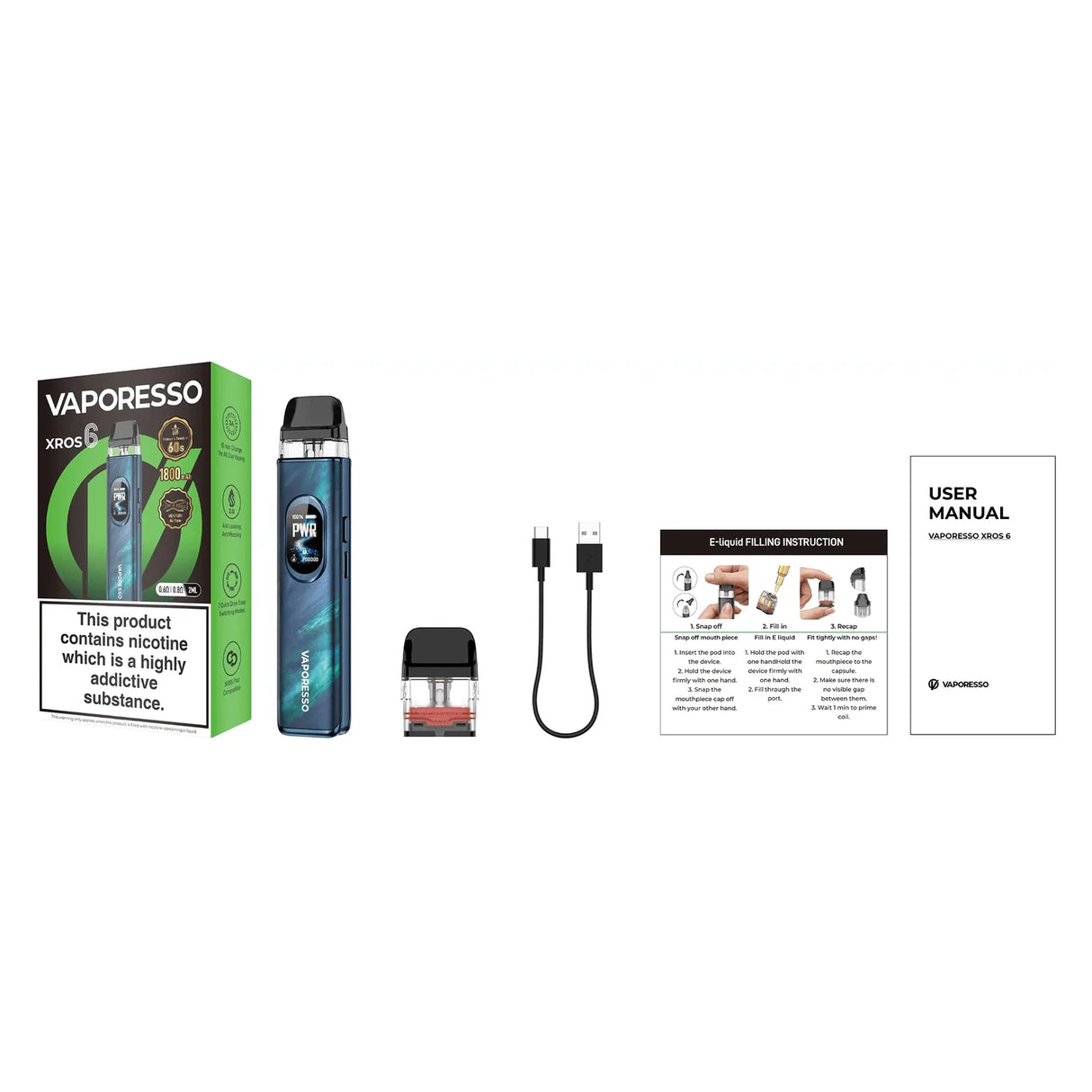 Vaporesso XROS 6 Pod Kit – what's in the box: device, refillable pod, USB-C cable, e-liquid filling guide, user manual