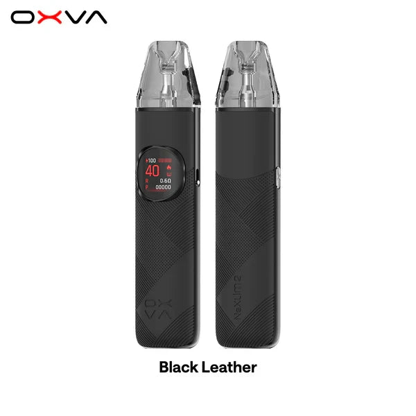OXVA NeXLIM 2 pod kit in black leather, front and back with colour screen