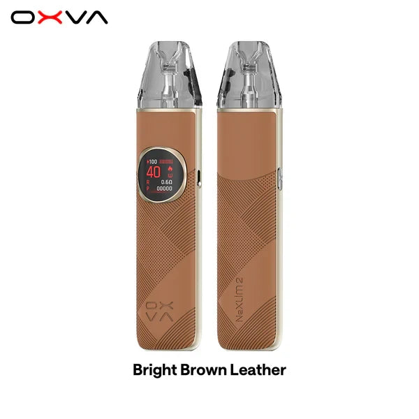 OXVA NeXLIM 2 pod kit in bright brown leather, front and back