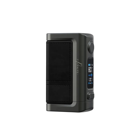 Eleaf iStick Power 2 80W box mod in Black, three-quarter view showing the stitched leather-look side panel, adjustment dial, fire button and lit colour display.