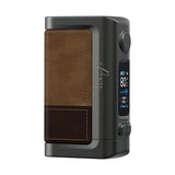 Eleaf iStick Power 2 80W box mod in Light Brown, three-quarter view showing the two-tone tan and dark brown stitched leather-look side panel, adjustment dial, fire button and lit colour display.