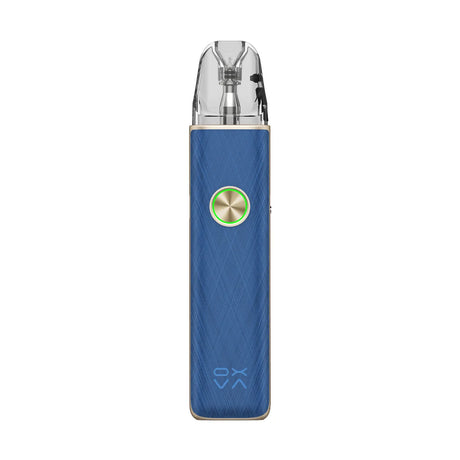 OXVA XLIM 4 pod kit in Silken Blue Leather, front view with ring-light button