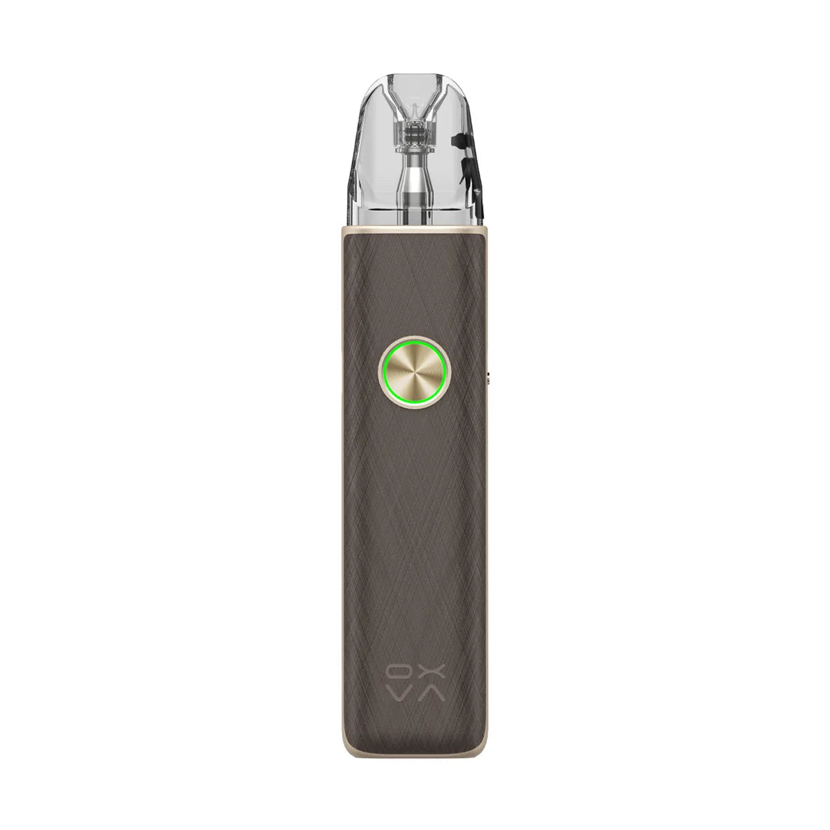 OXVA XLIM 4 pod kit in Silken Brown Leather, front view with ring-light button