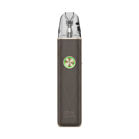 OXVA XLIM 4 pod kit in Silken Brown Leather, front view with ring-light button