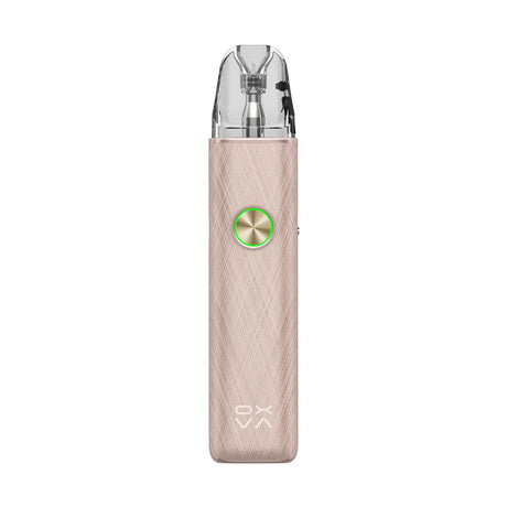 OXVA XLIM 4 pod kit in Silken Champagne Leather, front view with ring-light button