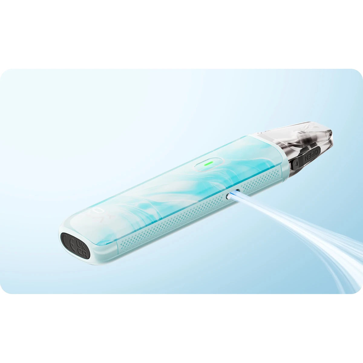 OXVA XLIM Go Lite side airflow control open, with the refillable cartridge seated